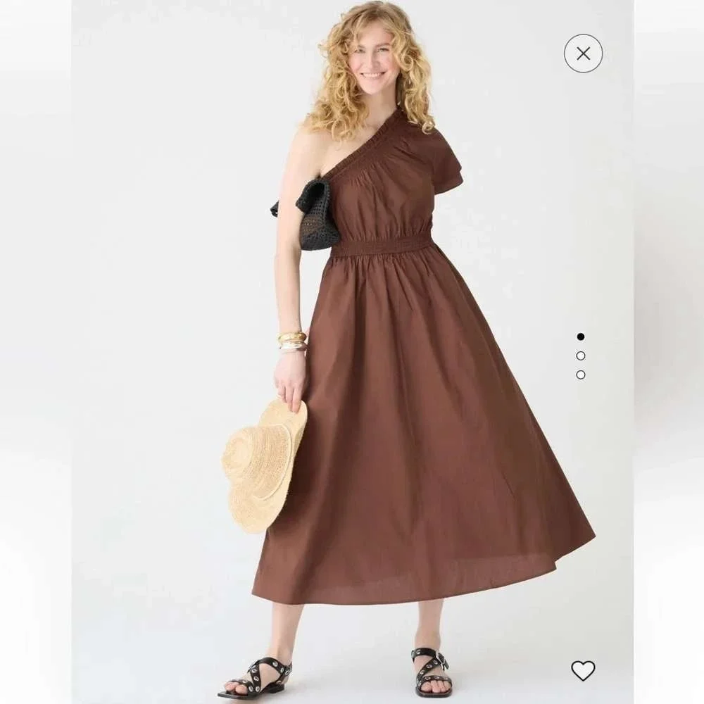 NWT J.Crew Smocked One-Shoulder Midi Dress Brown Cotton Poplin Size XS - Picture 2 of 12
